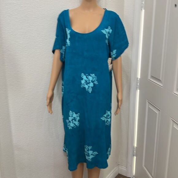 Pineapple Moon Floral Teal Midi Dress Sz 1X Scoop Neck Short Sleeve 💯% Rayon New - Picture 3 of 13